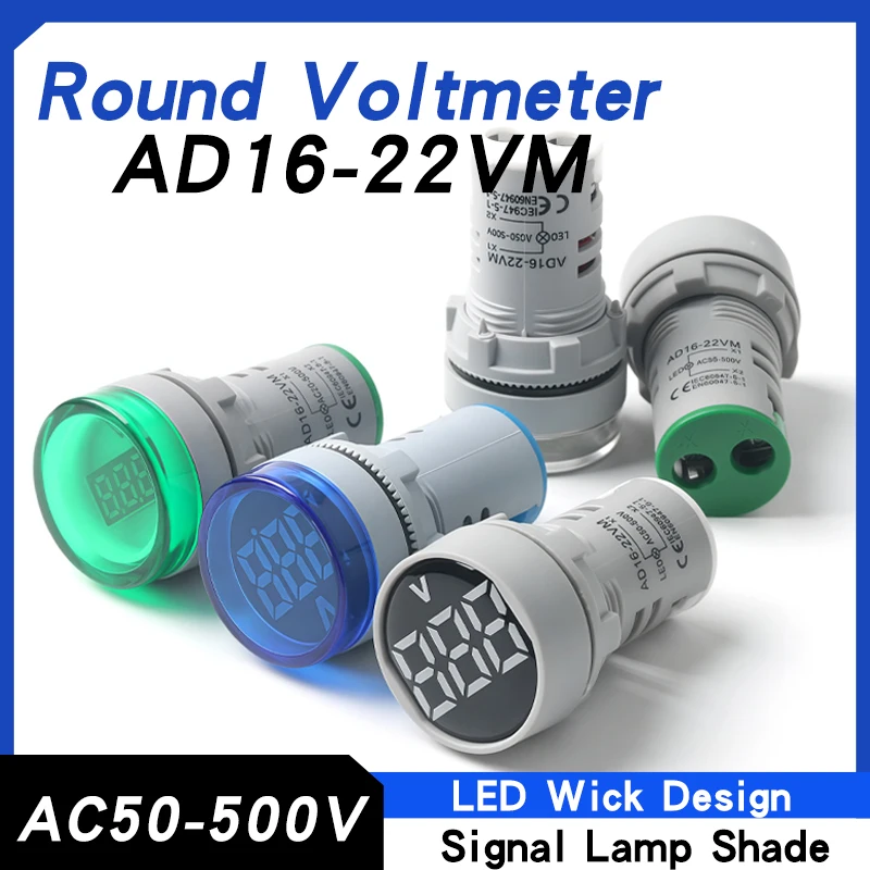 22MM Round Voltmeter AD16-22VM Type AC50-500V Mini Voltage Meter LED Digital Display AC Indicator Light Lamp  AD16 220V