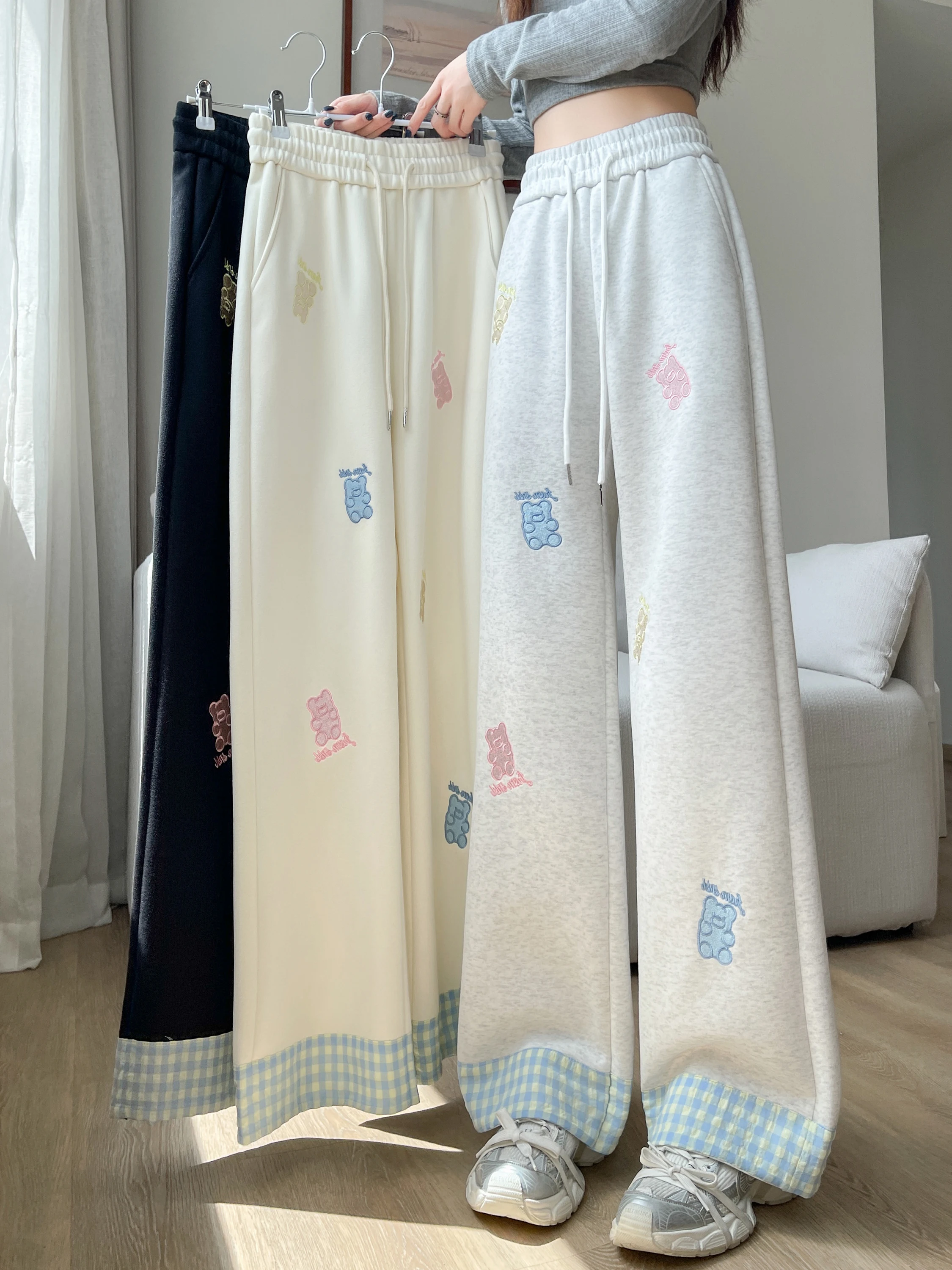 Cartoon Embroidered Wide Leg Pants Women's High Waist Dstring Straight Leg Casual Sports Sweatpants Asymmetrical Design Co...
