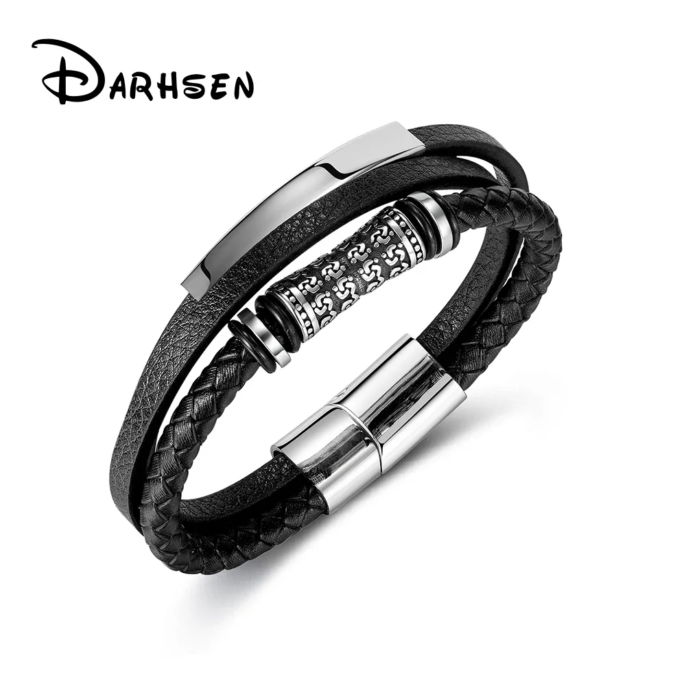 DARHSEN Men Black Leather Statement Wrap Bracelets Bangle Hand Wristlet Fashion Jewelry Stainless Steel Clasp Magnet Buckle