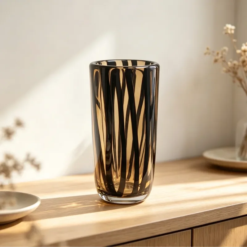 Modern Black Brown Striped Glazed Ceramic Vase Simple Straight Design for Living Room Home Decor Indoor Soft Ornament Stylish