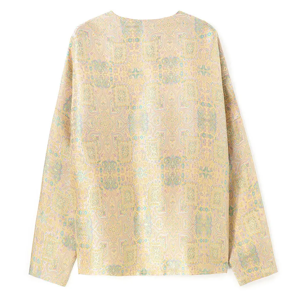BirdTree-Silk Song Brocade Elegant Coat, O Neck Geometry, Women New Chinese Style Commute Loose Cardigan, 2026 Autumn C6O599CC