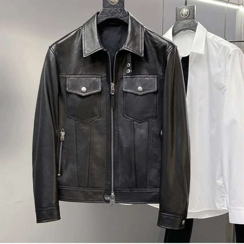

Executive lapel leather men's coat for motorcycle business men's sheepskin leather jacket for fashion casual wear autumn