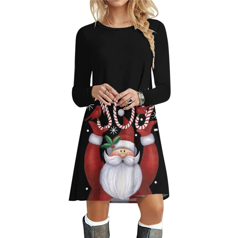 Christmas Deer Women Short Dresses Long Sleeve Festival Ladies Red Dress 3D Print Christmas Round-Neck Street Female Mini Dress