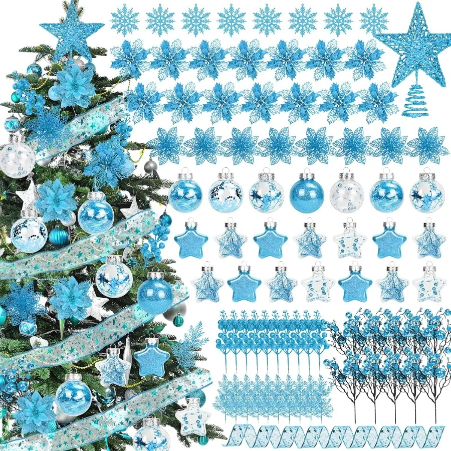 Juego de decoraciones para árboles de Navidad, 99 Uds., bolas de Navidad surtidas, adorno para árbol, tallos de bayas con purpurina, copos de nieve colgantes Le