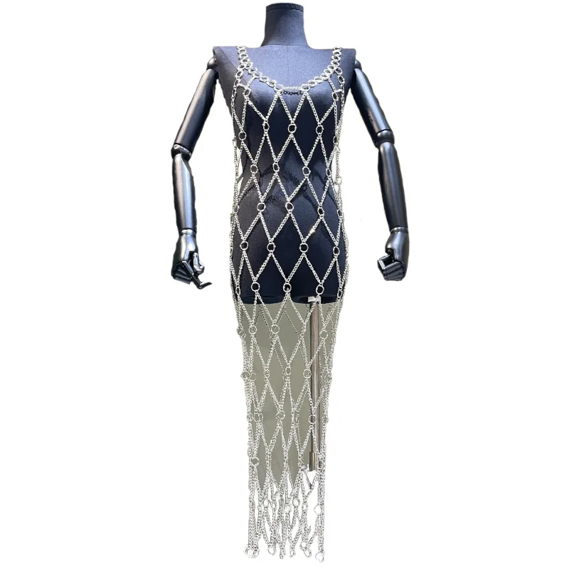 فستان مثير للنادي مصنوع يدويًا شفاف من خلال سلسلة معدنية للجسم للعطلات للنساء بدون أكمام فستان طويل ملابس Y2k Fashion #5