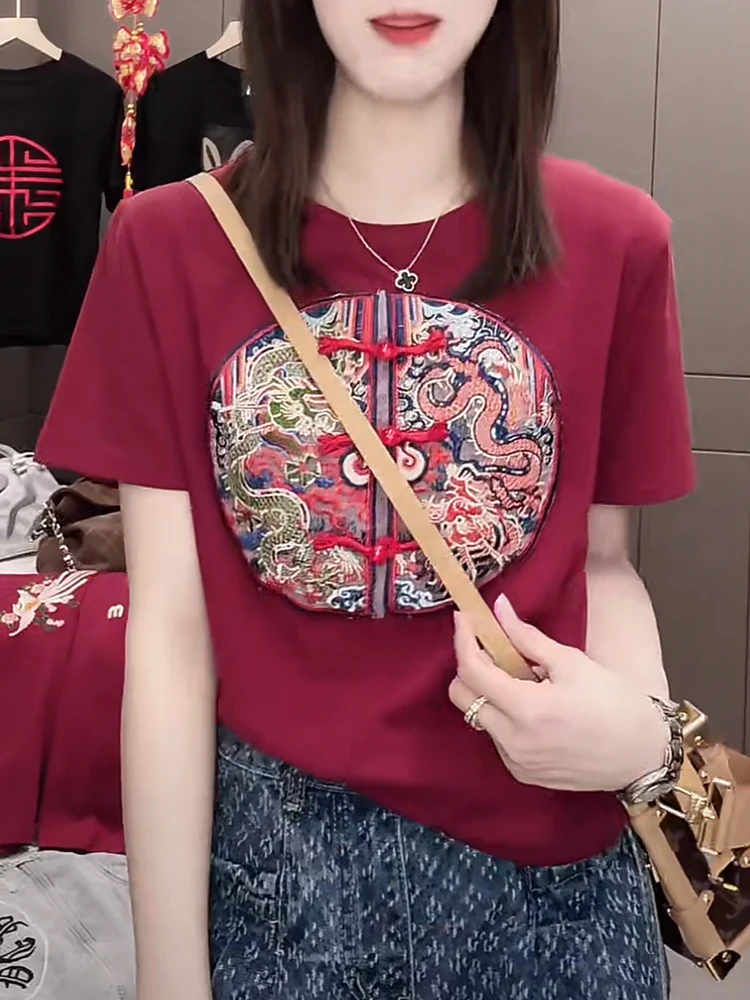 New Chinese Sle Embroidered ort Sve Cotton T-irt Women's Slim Fit Summer New Sle Pure Cotton f Sve Top