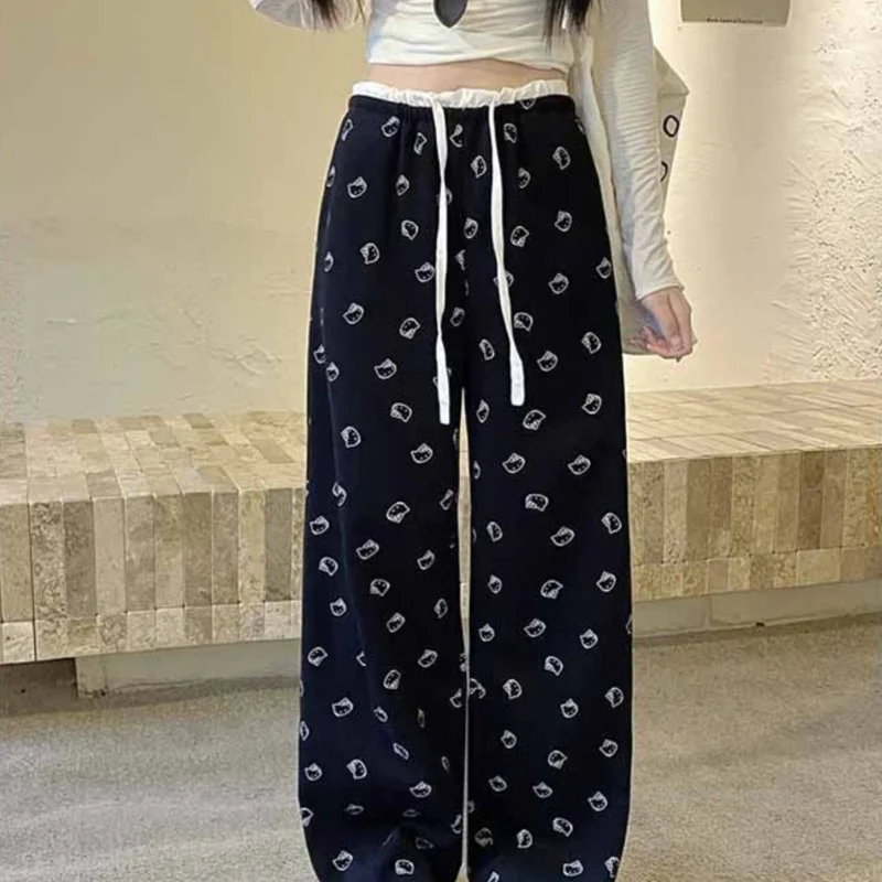 Hello Kitty American Style Print Wide Leg Pants Women\'s Autumn High Waist Loose Casual Pants Korean Version Trend Straight Pants