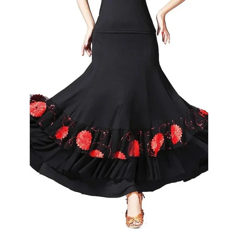 Mulheres flamenco vestido de prática de salão espanhol fantasia dança do ventre wear lantejoulas flor bordado plissado grande asa saia de palco cigano