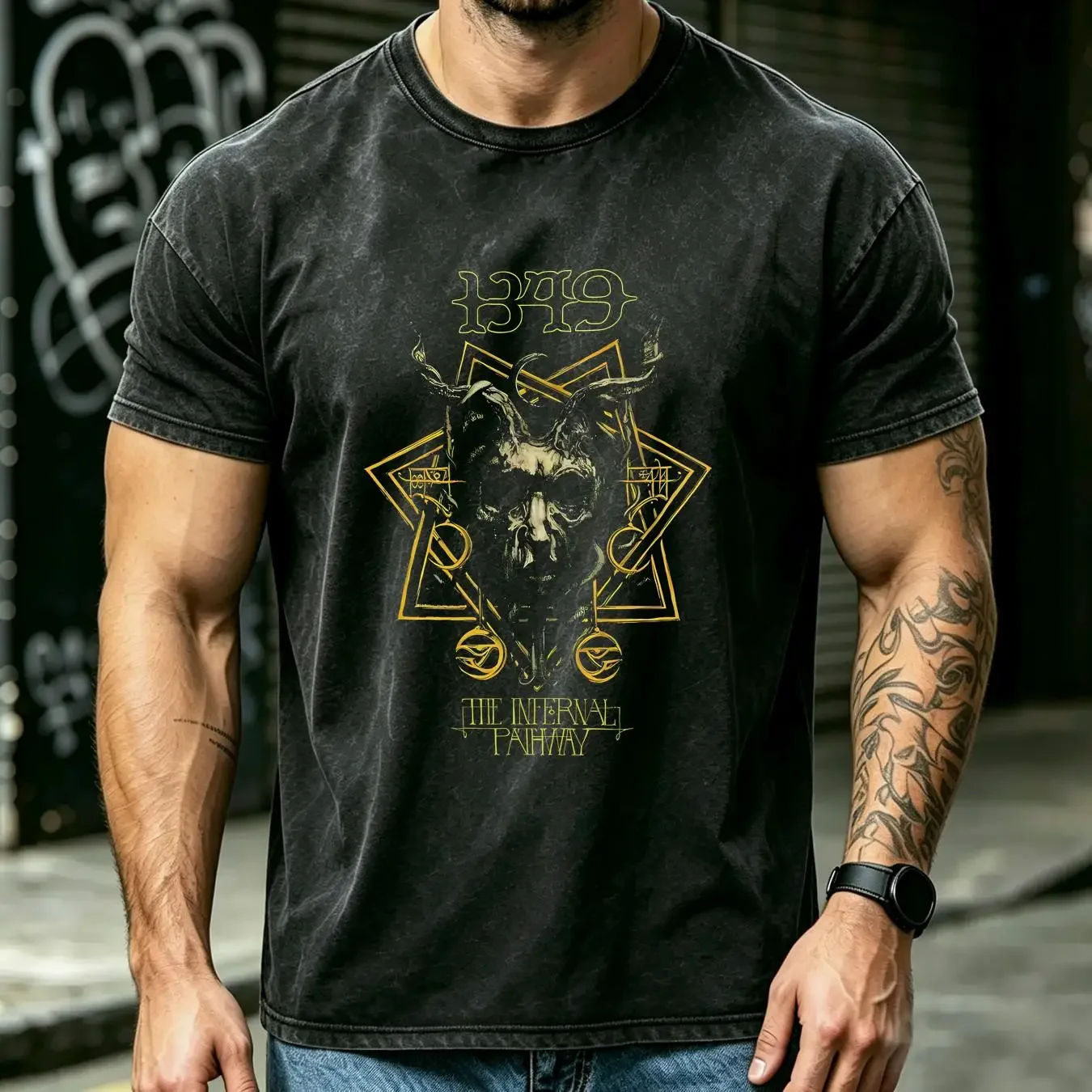 washed T Shirt 1349 the infernal pathway vintage Washed Breathable Casual streetwear Soft designer clothes Slightly Stylish