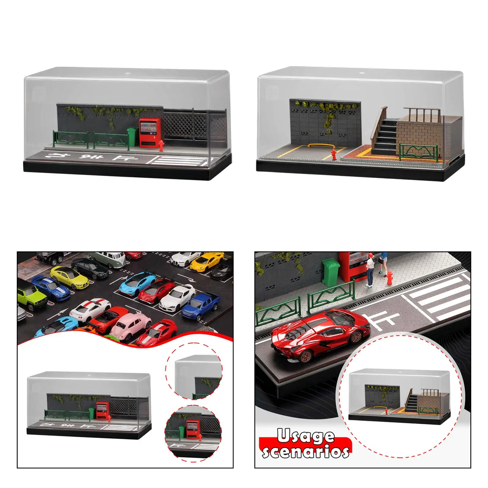 1/64 Scale Diecast Model Car Display Case สำหรับรถสปอร์ตสตรีทฉากพื้นหลังเดสก์ท็อปตกแต่งตกแต่งที่จอดรถไดโอรามา