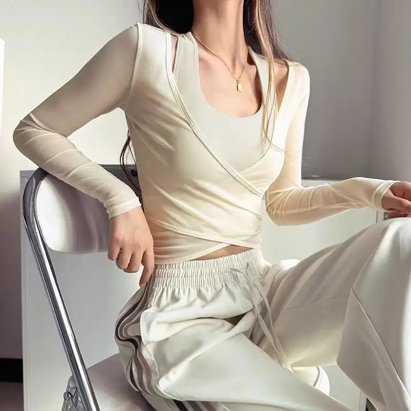 Sexy Mesh Slimming Yoga Suit for Women, Gathering Together, Sports Bra, Two Pieces, Quick Dry Training, Pilates Cover Up Blouse image 5