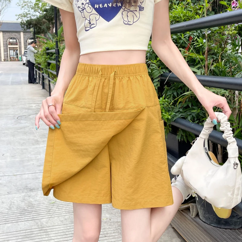 

Летние женские быстросохнущие легкие шорты с карманами, разрезом спереди, в стиле карго, с высокой талией, длиной до колена, спортивные повседневные брюки