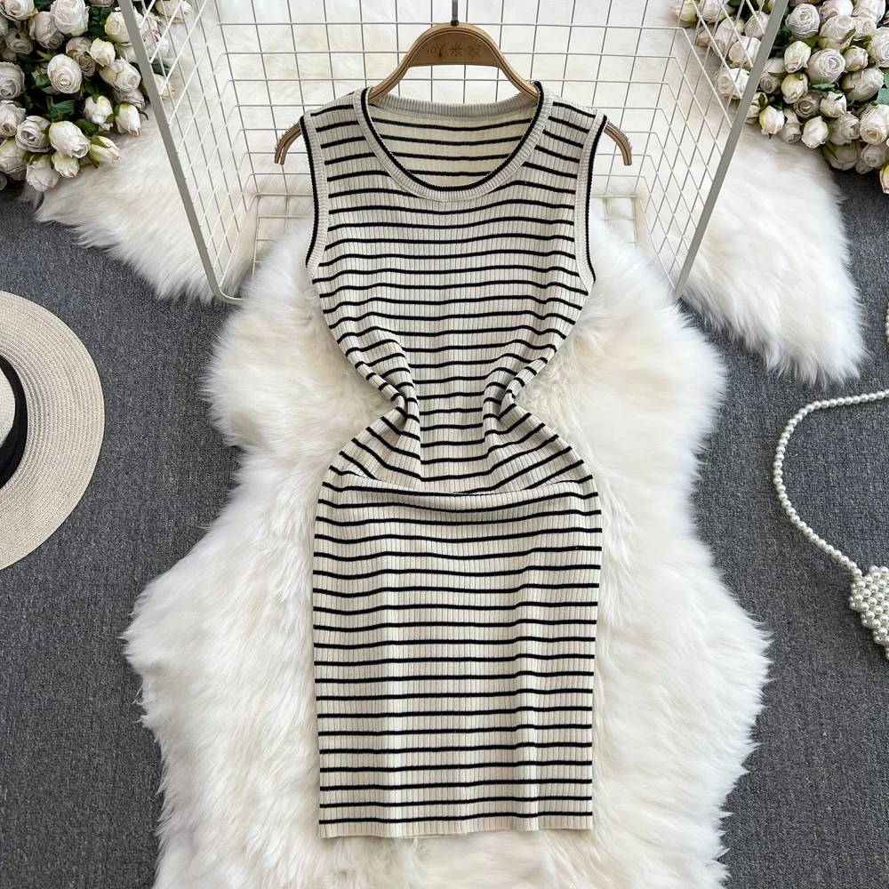 Lady Stripes Knitted Bodycon Tank Office Dress Summer Slim Elastic Sexy Package Hips Party Dress Women Outfits Vestidos