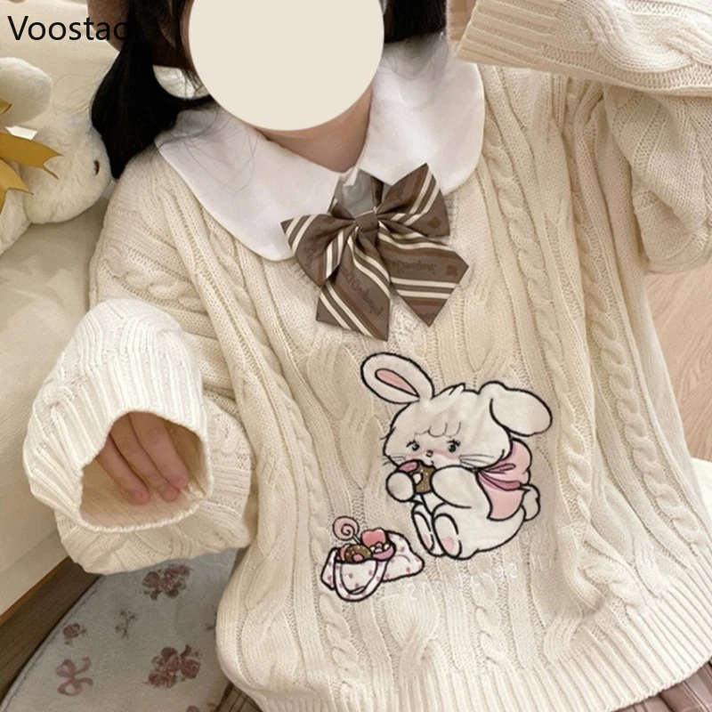 Sweet Lolita Style Knitted Pullovers Women Kawaii Cartoon Bunny Embroidery Sweater Coat Girl Cute V-Neck JK Uniform Knitwear Top