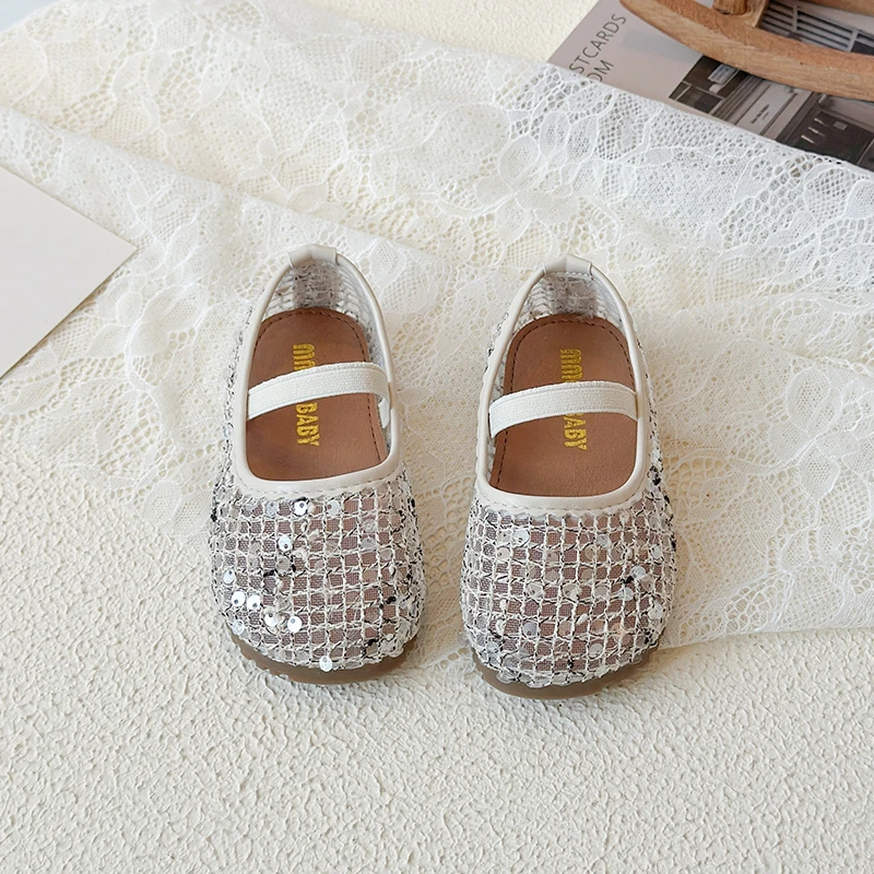 Girls Flat Shoes Mesh Weave Lace Sequin Kids Sandals Non-slip Soft Sole Summer New Children Casual Princess Shoes Trendy Sweet
