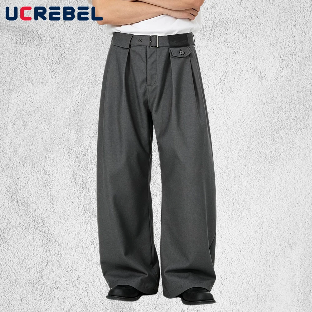 SolidColor Pleated Suit Pants Mens Retro High Street Wide Leg Baggy Casual Scimitar Pants Man Trousers