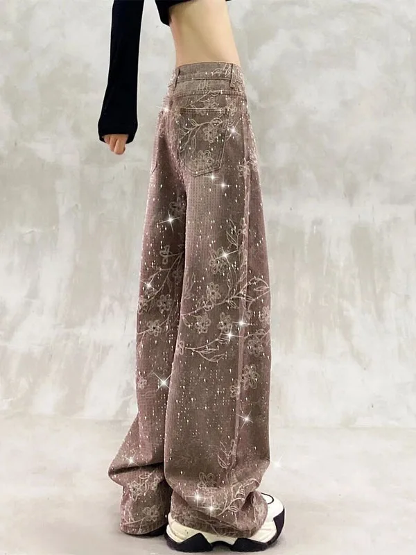 

Casual High Waist Loose Fit Straight Leg Jeans Women's New Sle Diamond Embellied Print Faionable Wide Leg Pants