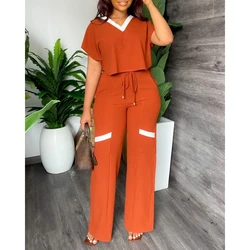 Summer Women Contrast Paneled V-Neck Short Sleeve T-shirt Top & High Waist Pants Set Causal Streetwear New In Suit 2024