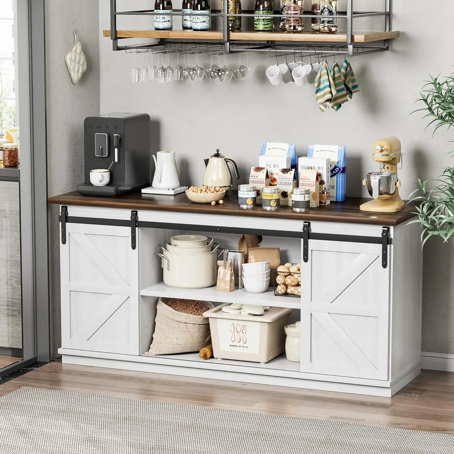 Farmhouse Sideboard Buffet Cabinet, Coffee Bar Storage with Sliding Barn Doors, Shelf for Home Dining Room, 27.5 Height