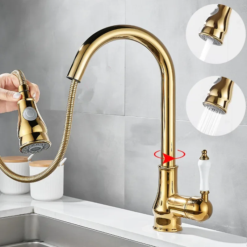 

Gold Pull Out Kitchen Faucets Chrome Single Handle Brass Kitchen Faucet Sink Tap Single Hole Rotating Water Mixer Tap Mixer Tap