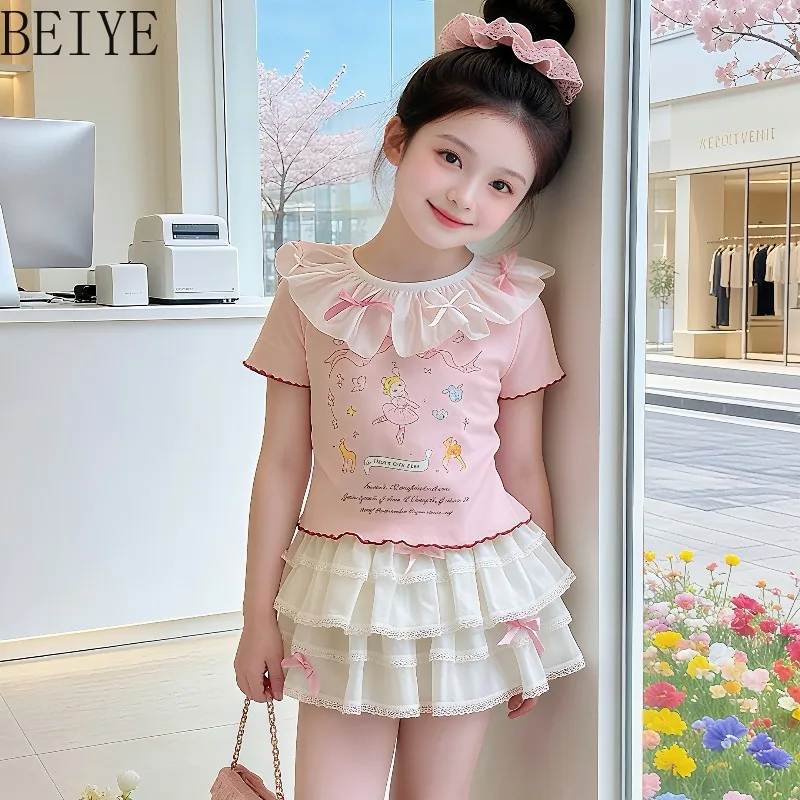 Girls Lace Collar Cartoon Printed T-shirt Two-piece Set Summer Lolita Style Cake Skirt Set Children Cute Casual Holiday Outfit