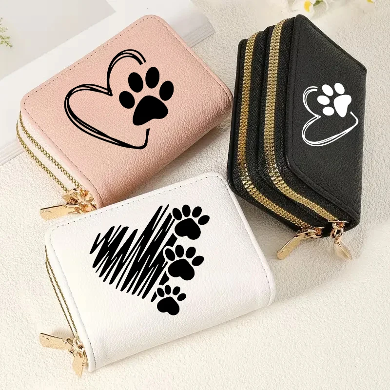 Heart-Shaped Animal Paw Women Short Style Purse Lychee Pattern Fashion Large Capacity Multi Card Slot Coin Purse With Zipper