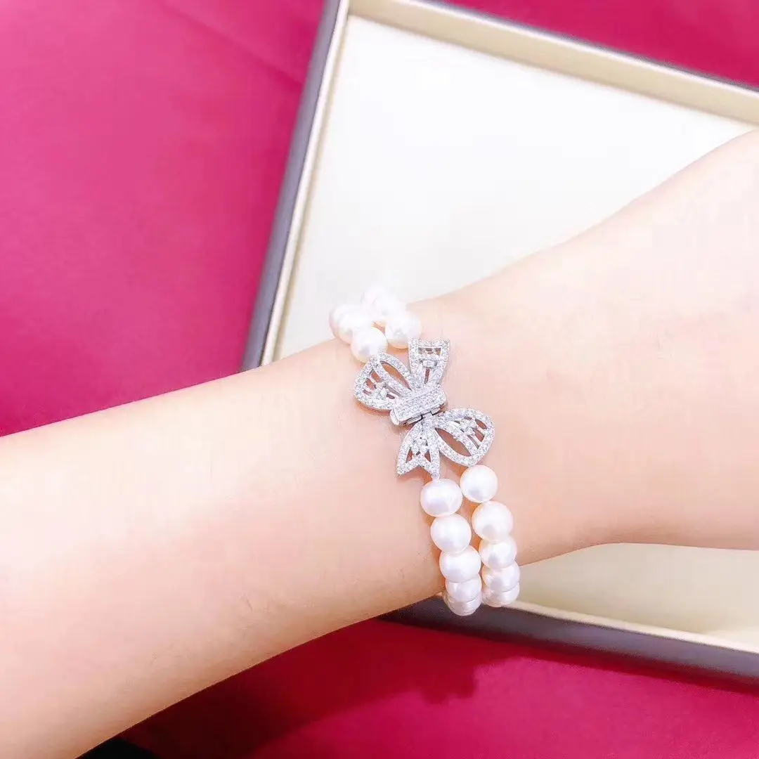 2-Row Brand New Pearl Bracelet AAAA 7-8mm Natural Japanese Akoya Round White Pearl Bracelet 925s 7.5-8inch