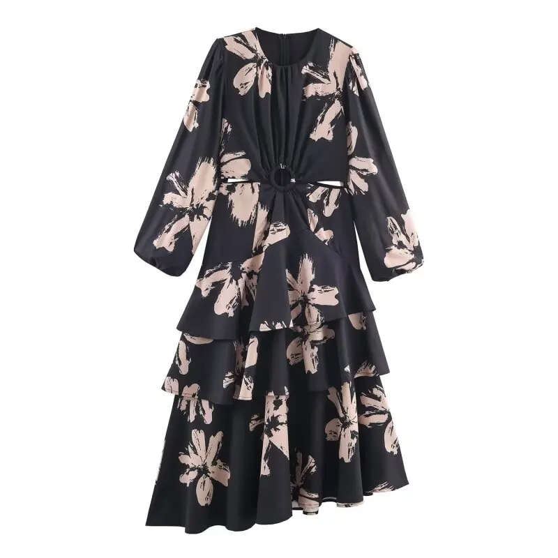 Abito da donna per le vacanze estive, taglio in vita, stampa floreale, orlo con volant, abito longuette a strati, vacanza al mare