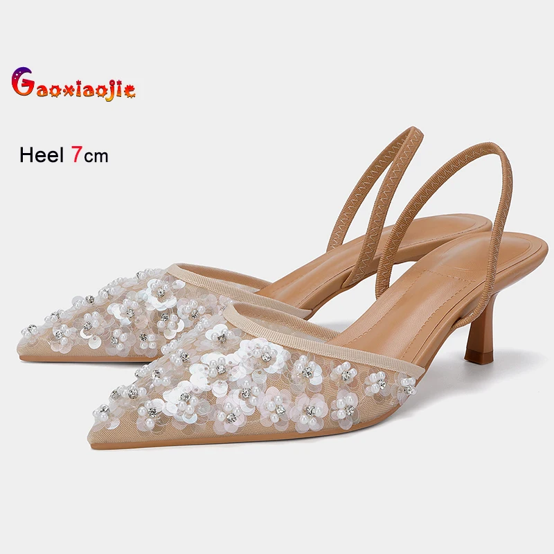 

2025 летняя модная светло-коричневая женская обувь, дышащие сетчатые сандалии с бусинами, туфли-лодочки на высоком каблуке 7 см с острым носком, обувь для вечеринок