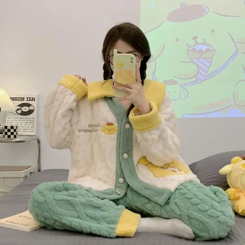 

Sanrio Girl фланелевой откидной воротник сохраняет тепло пижамный комплект с длинными рукавами зимний Kawaii помпон Purins утепленная домашняя одежда в стиле комиксов новая