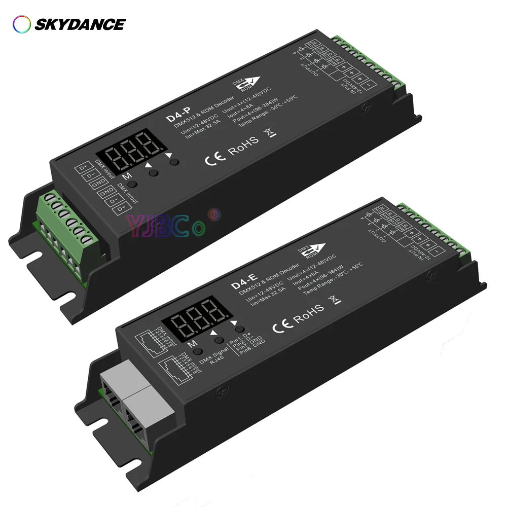 

Skydance 4 Channel CV DMX512 Decoder D4-P 12V-48V 24V 32.5A 4CH D4-E RDM RJ-45 DMX signal controller for RGBW LED Strip Light