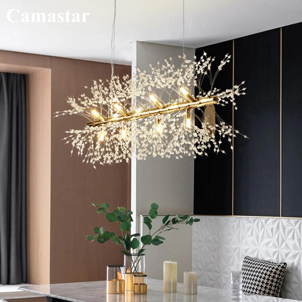 Modern Linear Crystal Chandelier LED Home Decor Gold Chrome Dandelion Island Pendant Lamp Firework Lustre Light for Dining Room