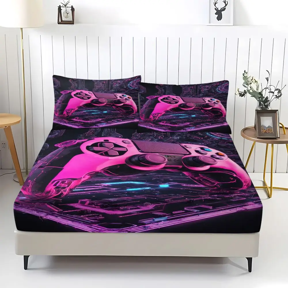Cyberpunk Gaming Controller Print Fitted Sheet Set Bed Sheet Set Digital Printed Bedding Soft Elastic Fabric for Gamer Room