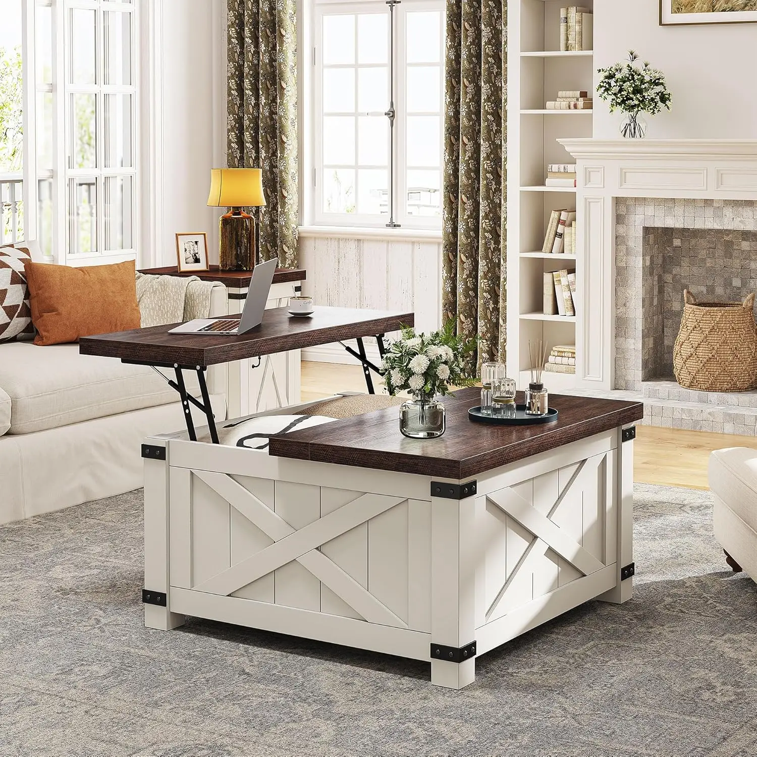 

35.7" SquareLiftTopCoffeeTablewithStorage - Small White CenterTable with LargeHidden Space for Living Room Bedroom Home Office