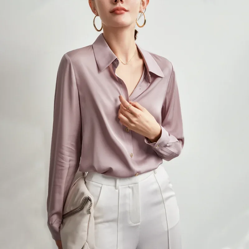 2024 Spring New Silk Shirt European And American Design Long-sleeved Mulberry Silk Top Solid Color Shirt Women