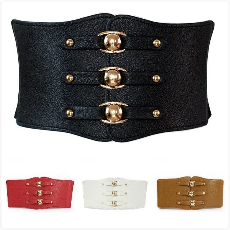 

Fashion Women Wide Belt New Metal Buckle Women Elastic Waistband Leather Rivet Ultra Wide Belt Elastic Belts for Woman