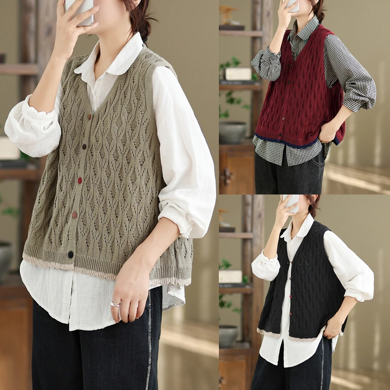 

Ретро-кардиган-жилет из мягкого трикотажа для женщин, весенне-осенний, свободный, универсальный, модный, из смесового хлопка, женский свитер