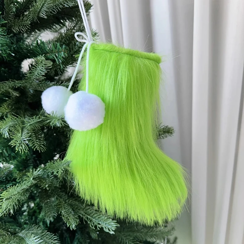 Christmas Stockings Hanging Ornaments, Bobbles Green Plush Stocking for Christmas, Home Decorations Party Supplies