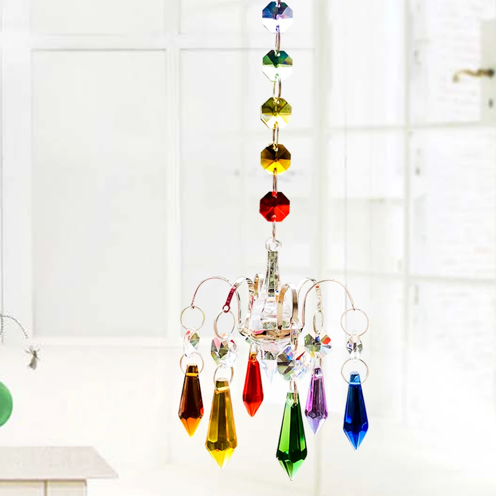 Chakra Crystal Prism Hanging Outdoor Pendant Sun Catcher Chandelier Decoration Rainbow Maker Crafts Home Garden Party Ornament