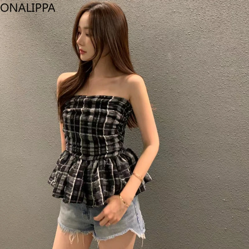 Onalippa Contrast Plaid Tank Top Slash Neck Strapless Back Elastic Ruffles Shirts for Women Korean Pleated Sleeveless Tops