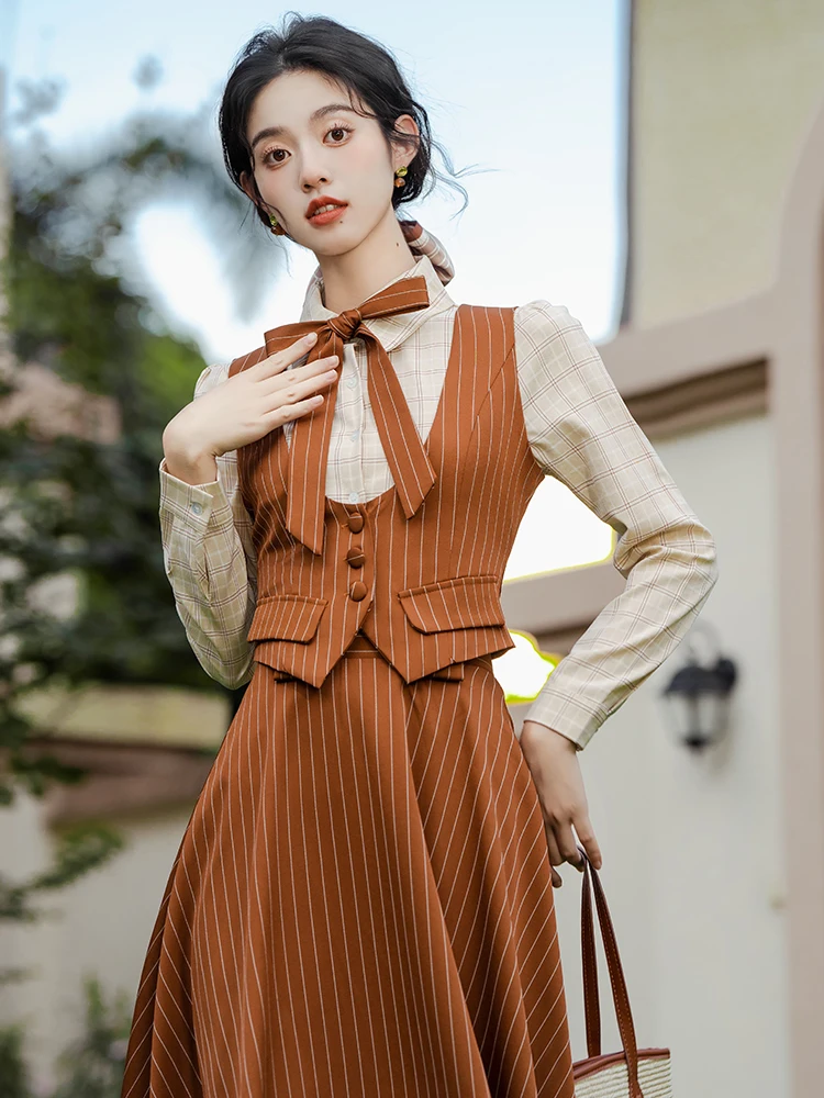 

Retro England Style Woman Outfits Vintage Modern Bow Plaid Shirt Tops & Striped Midi Skirt Elegant Lady 3 Piece Sets Formal