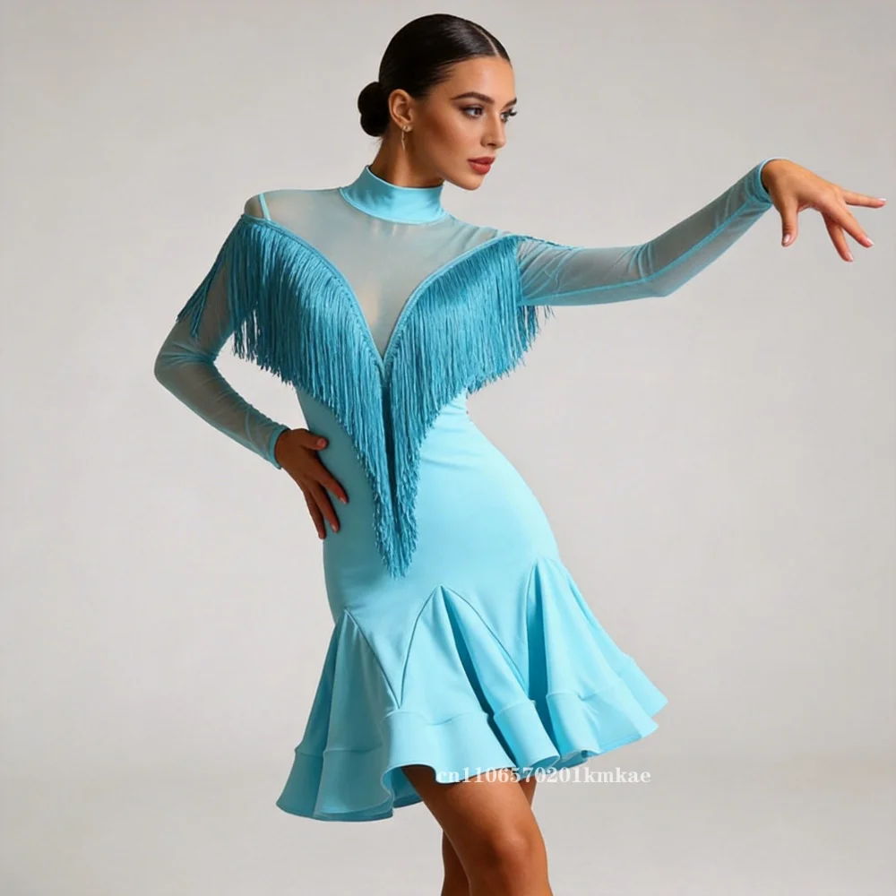 New Dancn Vitality Lake Blue Chacha Samba Long Sleeves Dress Chest Pads Can Be Dismantle Adult Latin Dance Perform Outfit Custom