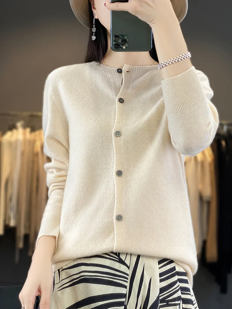 

TLOML осень-зима женский шерстяной кардиган с круглым вырезом базовый однотонный кашемировый свитер с длинными рукавами 100% мериносовая шерсть трикотаж женская ткань