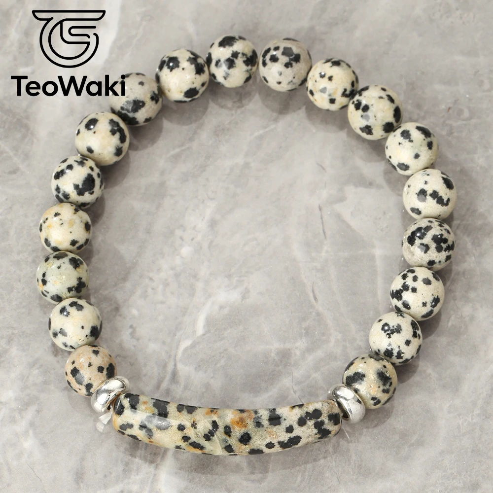 Teowaki Natural Stone Beaded Elastic Stretch with Round Beads and Bridge-type Dalmation Jasper Decoration Daily Jewelry Gift19cm