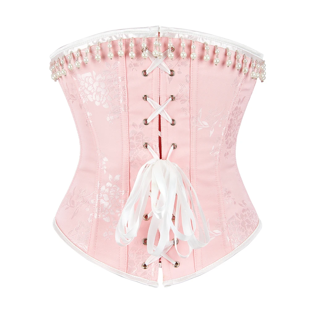 Pink Floral Overbust Corset Fashion Pearl Tassel Bustier Top Lingerie Korset Shaper