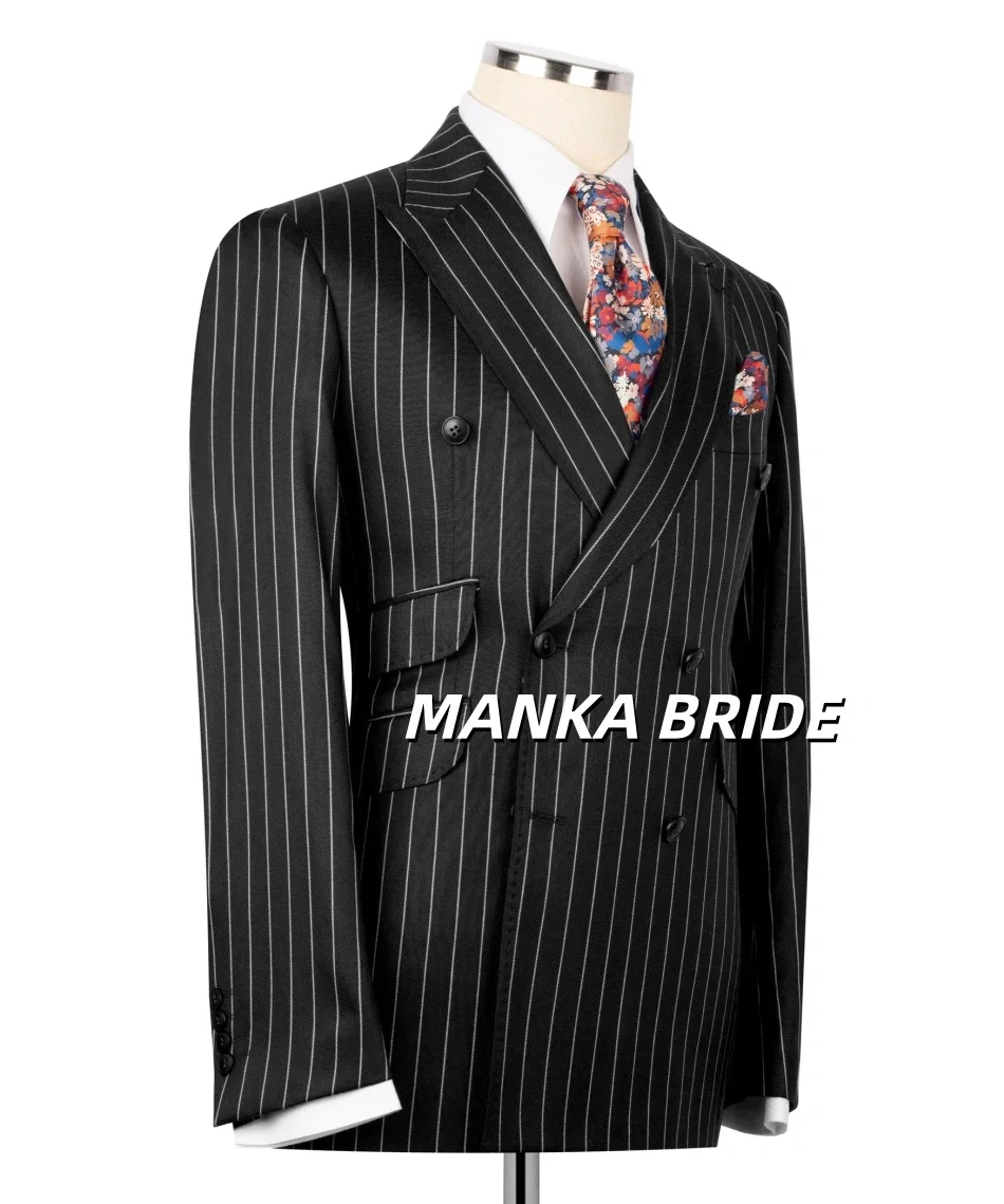 Customized Men's Suits Double Breasted Black Pinstripe Mail Suit 2pcs Blazer Pants Set Formal Business Office Party Wear