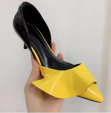 

Yellow White Lavender Patent Leather Ruffles Side Cutout Kitten Heels Pumps Women Fashion Pointed Toe Patchwork Shallow Sandals