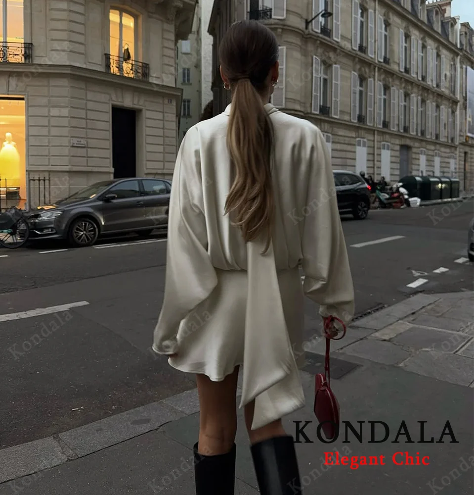 KONDALA-Vestido corto con cuello de bufanda de satén Beige, vestido de fiesta elegante de manga larga para mujer, moda de otoño 2025, vestido de calle para mujer