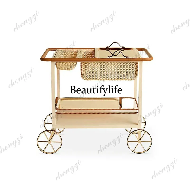 Italian minimalist side few leather movable stainless steel trolley large flat living room solid wood dining car