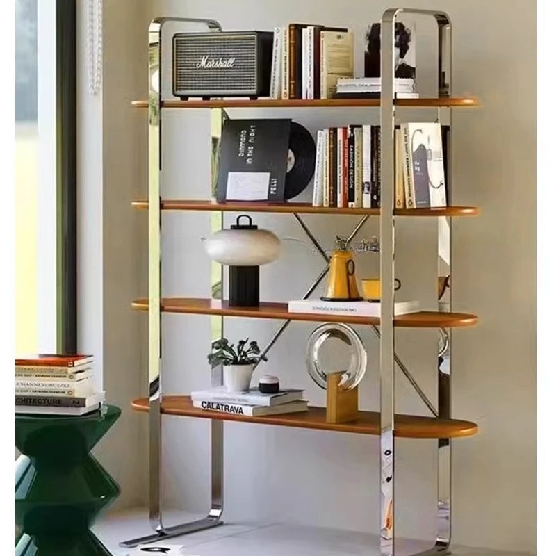 

Nordic open bookshelf Italian minimalist stainless steel baffle shelf multi-layer home storage display stand creative